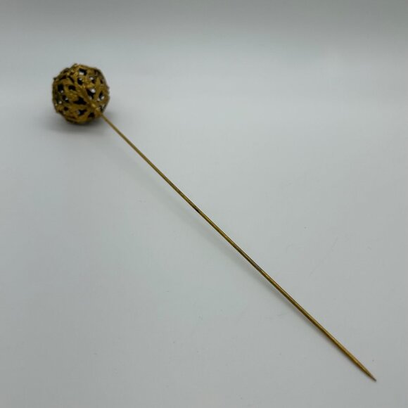 Antique Edwardian Hat Pin Gilded Brass Filigree Red Cabochon 1900s 9" READ - Picture 8 of 16